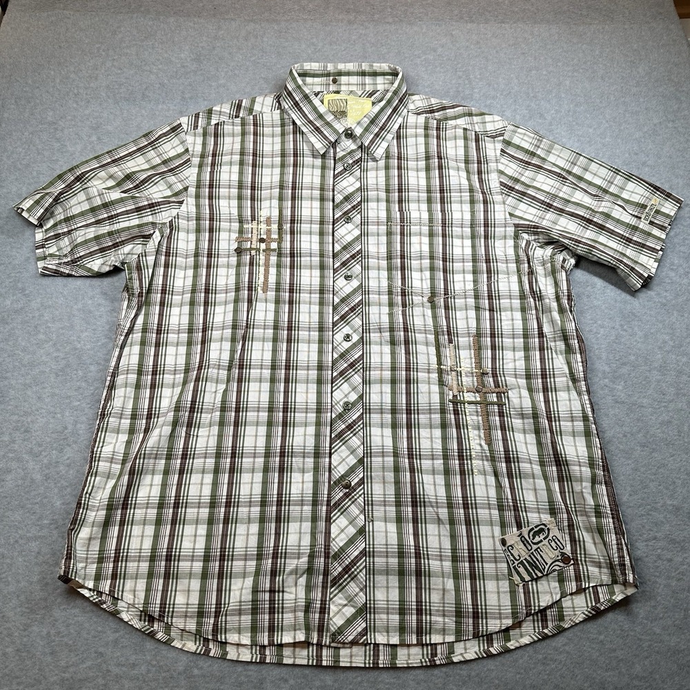 Echo Unltd Short Sleeve Button Up Shirt Mens 2XL‎ Green Brown Plaid Embroidered